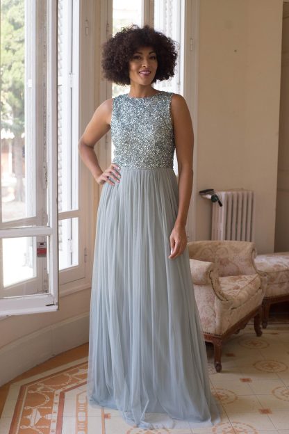Light blue beaded mesh dress