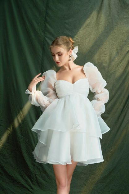 White Puff Sleeve Short Dress - Image 5