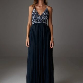Navy blue beaded mesh suspender dress