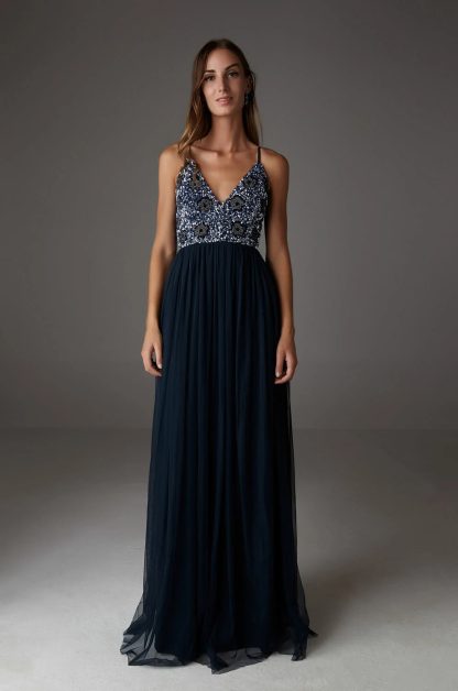 Navy blue beaded mesh suspender dress