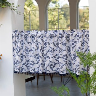 Blue and white tassel short curtain