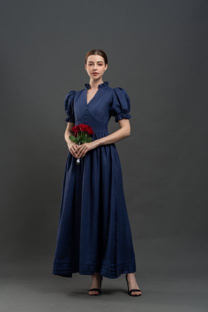 Vintage Puff Sleeve V Neck Dress - Image 6