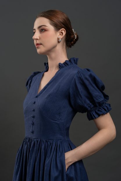 Vintage Puff Sleeve V Neck Dress - Image 4