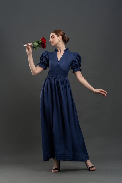 Vintage Puff Sleeve V Neck Dress