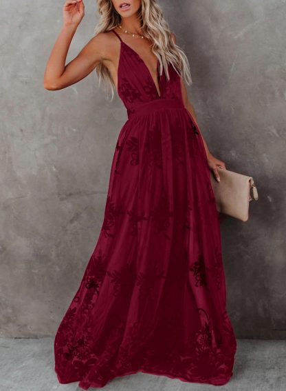 Burgundy Deep V Suspender Embroidered Maxi Dress - Image 7