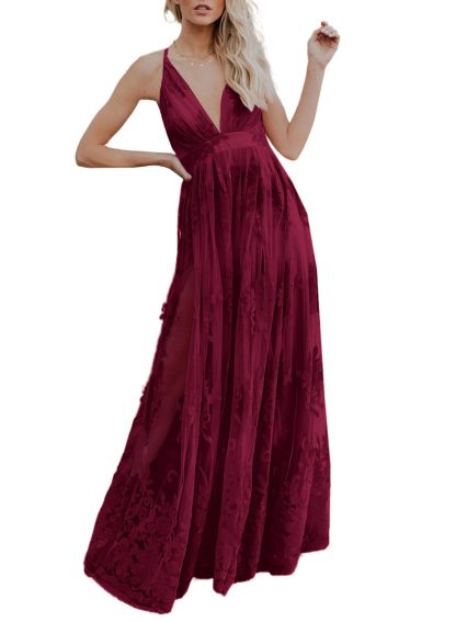 Burgundy Deep V Suspender Embroidered Maxi Dress - Image 6