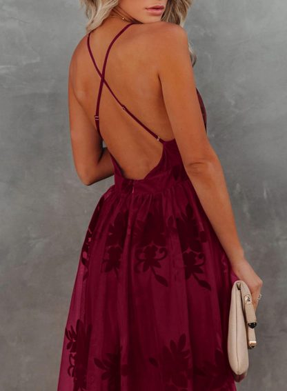 Burgundy Deep V Suspender Embroidered Maxi Dress - Image 5