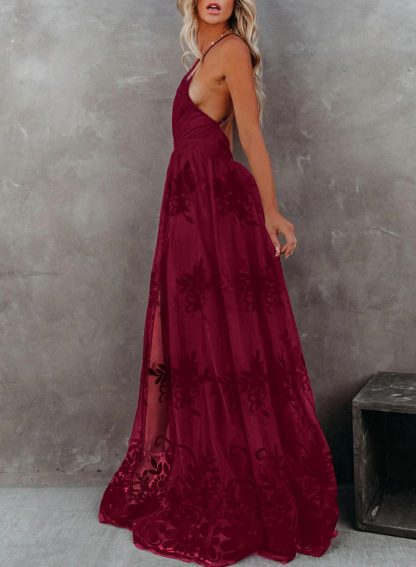 Burgundy Deep V Suspender Embroidered Maxi Dress - Image 4