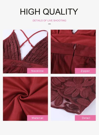 Burgundy Deep V Suspender Embroidered Maxi Dress - Image 3