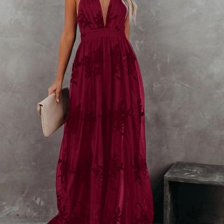 Burgundy Deep V Suspender Embroidered Maxi Dress