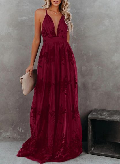 Burgundy Deep V Suspender Embroidered Maxi Dress