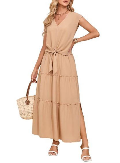 Resort Style V Neck Sleeveless Tie Slit Dress - Image 6