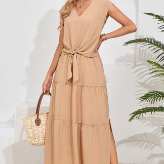Resort Style V Neck Sleeveless Tie Slit Dress