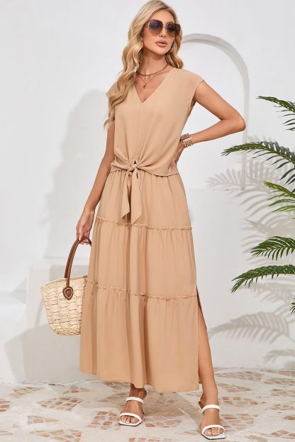Resort Style V Neck Sleeveless Tie Slit Dress