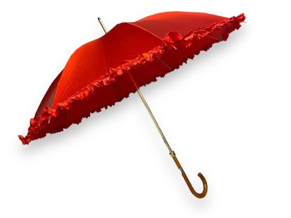 Vintage red silk wooden handle umbrella