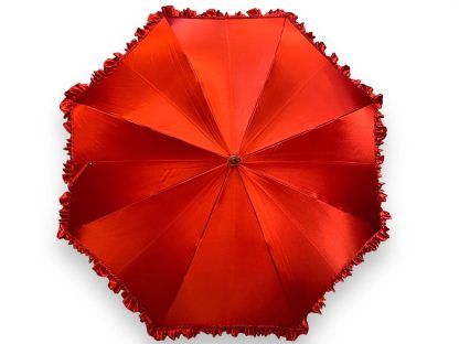 Vintage red silk wooden handle umbrella - Image 3