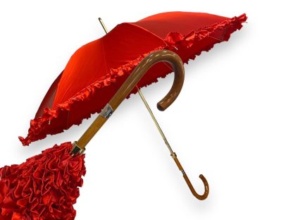 Vintage red silk wooden handle umbrella - Image 2
