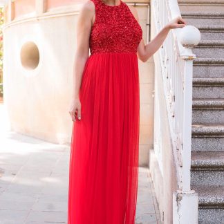 Red beaded mesh dress