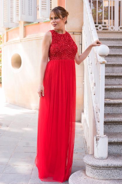 Red beaded mesh dress