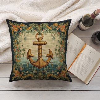 Vintage Floral Anchor Throw Pillow