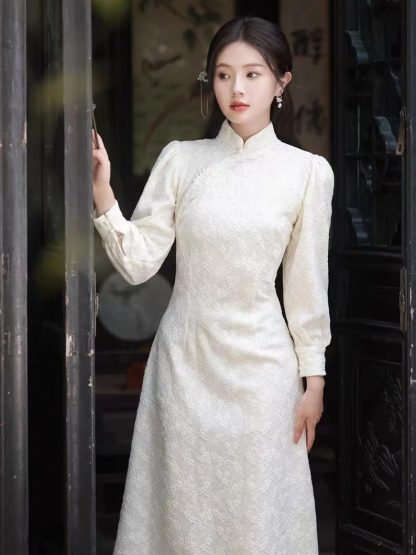 Off-white jacquard long cheongsam