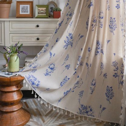 Beige blue flower tassel curtains - Image 5