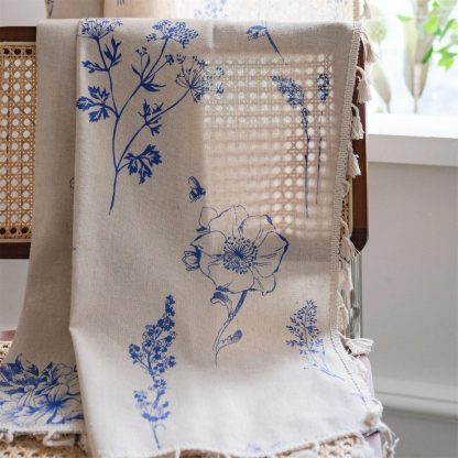 Beige blue flower tassel curtains - Image 4