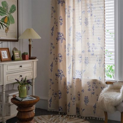 Beige blue flower tassel curtains - Image 3