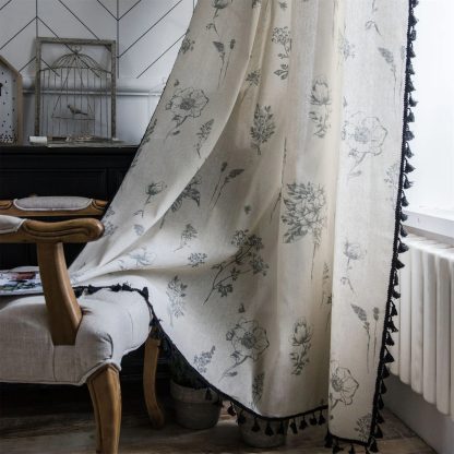 Beige blue flower tassel curtains - Image 2