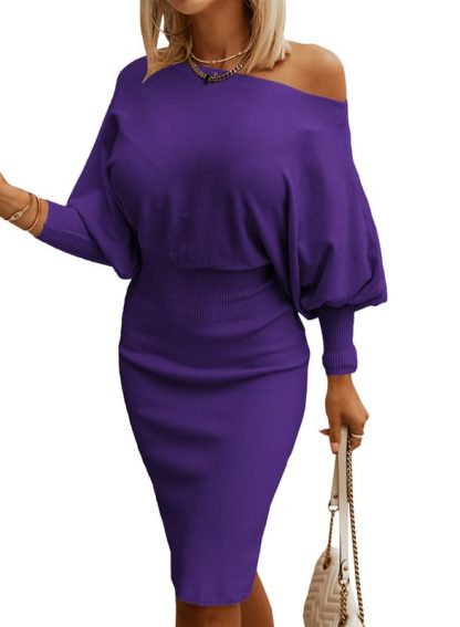 Purple Off Shoulder Lantern Sleeve Dress - Image 5