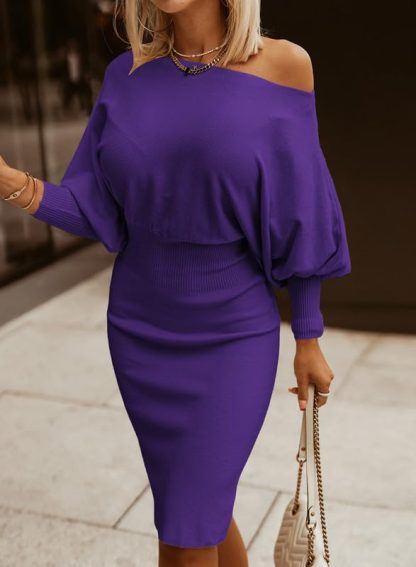 Purple Off Shoulder Lantern Sleeve Dress