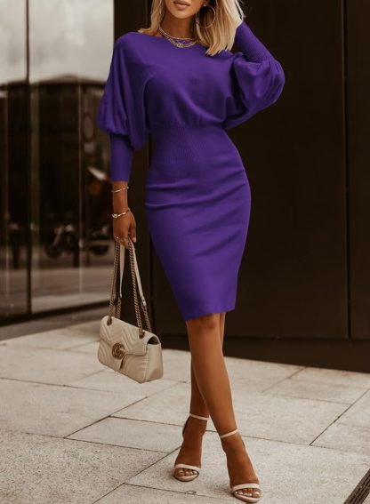 Purple Off Shoulder Lantern Sleeve Dress - Image 3