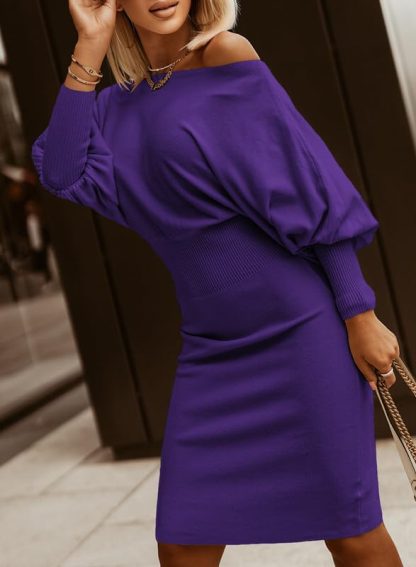 Purple Off Shoulder Lantern Sleeve Dress - Image 2