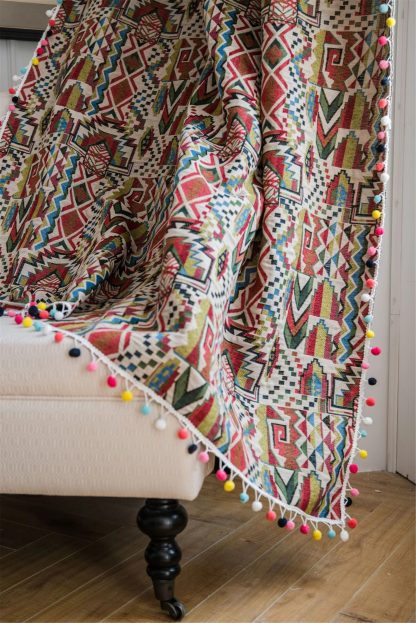 Ethnic geometric print pompom curtains - Image 2