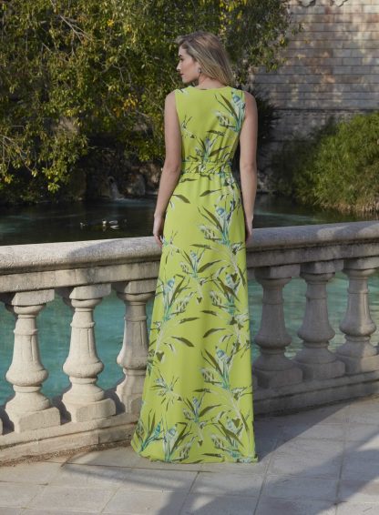 Lime Green Botanical Print Sleeveless Wrap Dress - Image 4
