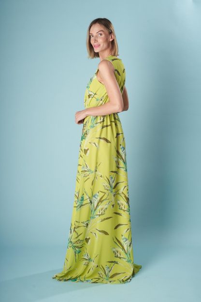 Lime Green Botanical Print Sleeveless Wrap Dress - Image 3