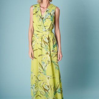 Lime Green Botanical Print Sleeveless Wrap Dress
