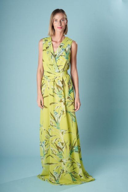 Lime Green Botanical Print Sleeveless Wrap Dress