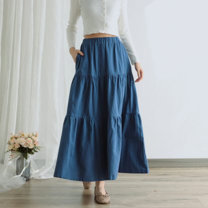Forest style versatile patchwork A-line maxi skirt - Image 3