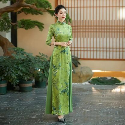 Retro Printed Long Sleeve Cheongsam - Image 5