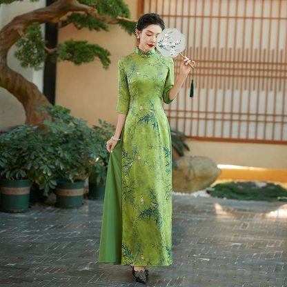 Retro Printed Long Sleeve Cheongsam - Image 4