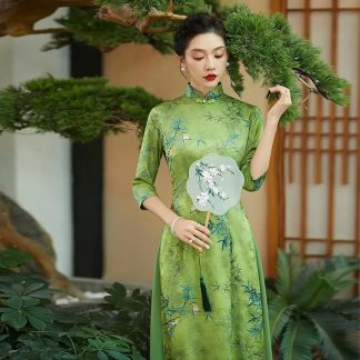 Retro Printed Long Sleeve Cheongsam
