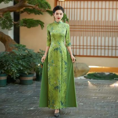 Retro Printed Long Sleeve Cheongsam - Image 2