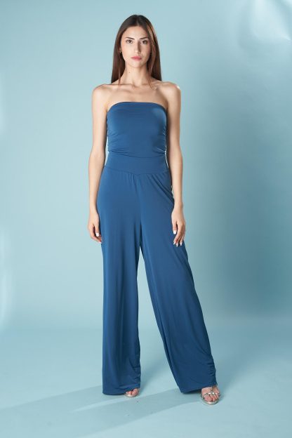 Navy blue strapless draped wide-leg jumpsuit