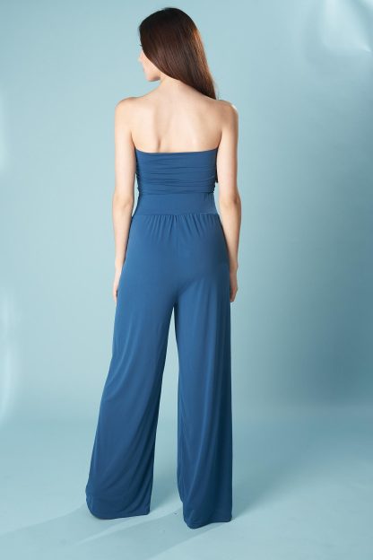 Navy blue strapless draped wide-leg jumpsuit - Image 3