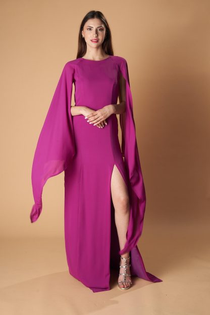 Purple Draped Sleeve Slit Dress - Image 2