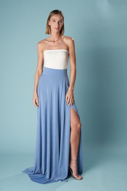 White and blue patchwork tube top slit dress