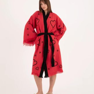 Heart Print Tassel Edge Bathrobe