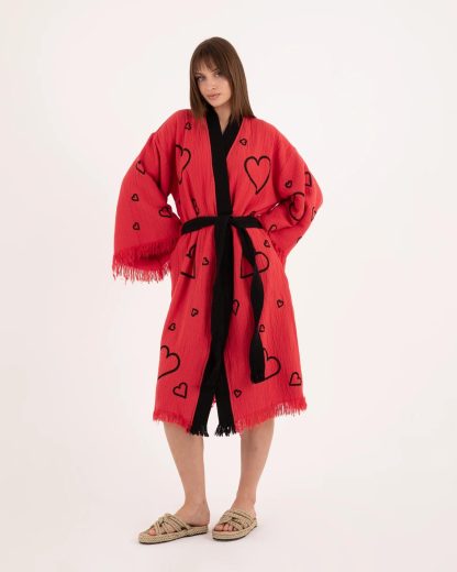 Heart Print Tassel Edge Bathrobe