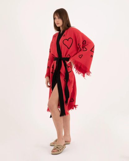 Heart Print Tassel Edge Bathrobe - Image 4